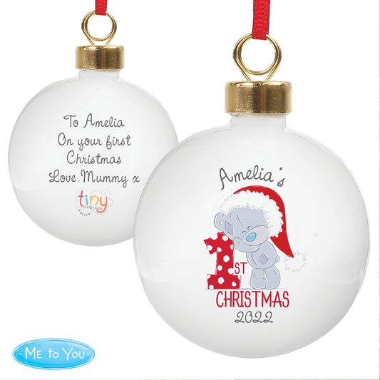 Personalised Christmas ornaments with text and a teddy bear design on a white background