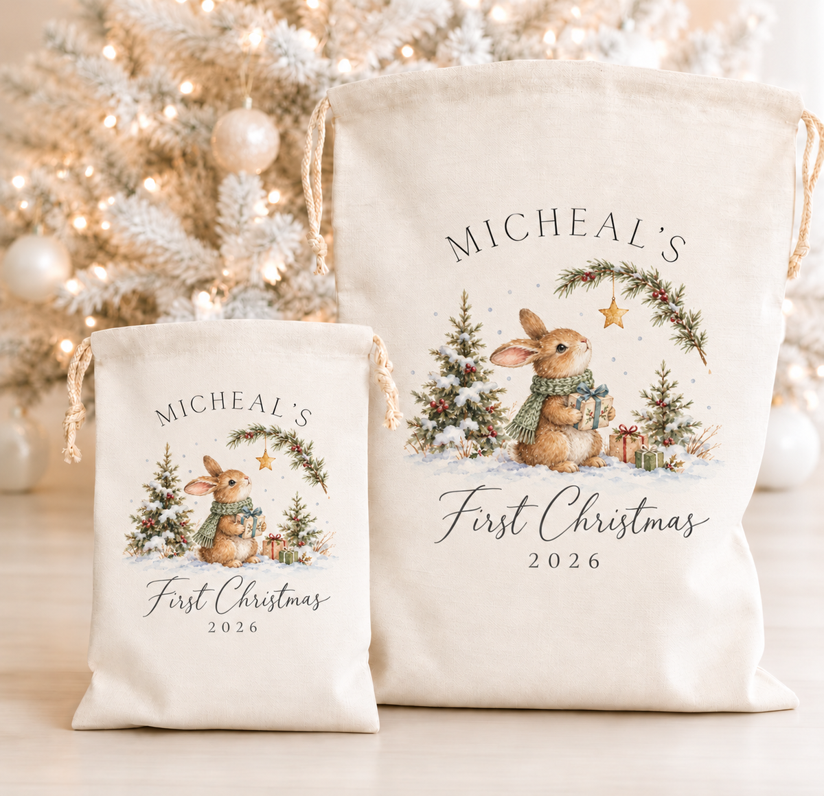 Personalised Baby’s First Christmas Sack 2026, Bunny Santa Present Bag, New Baby
