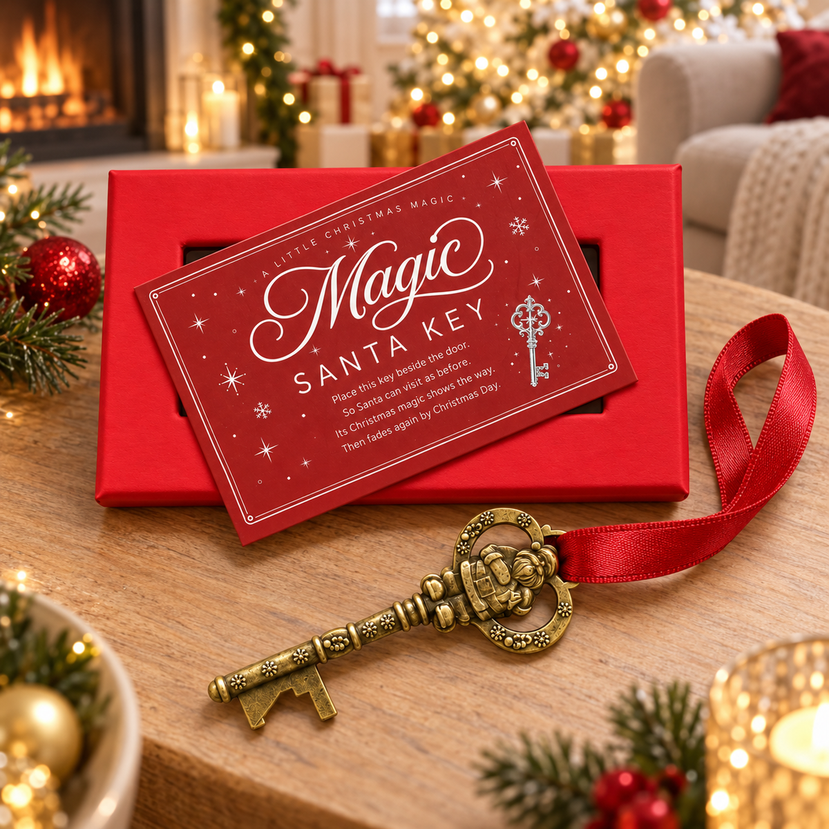 A Christmas-themed gift set featuring a vintage-style gold Santa key with a red ribbon, shown with a red gift box and a red card that reads 'Magic Santa Key' on a white background.