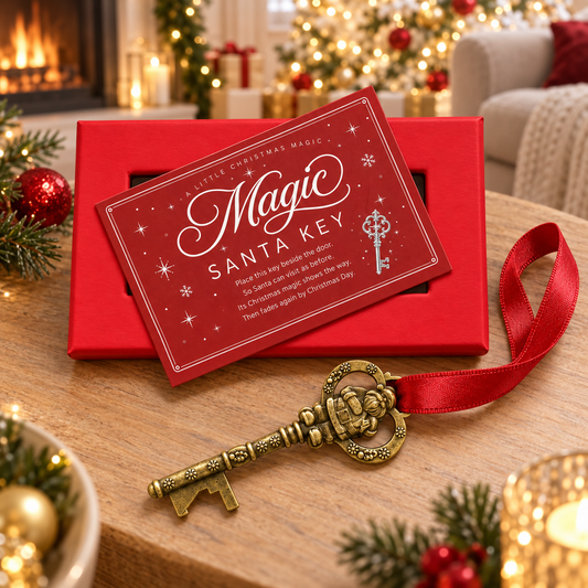 A Christmas-themed gift set featuring a vintage-style gold Santa key with a red ribbon, shown with a red gift box and a red card that reads 'Magic Santa Key' on a white background.