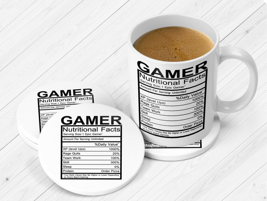 Mug and coasters with 'Gamer Nutritional Facts' label on a white wooden surface