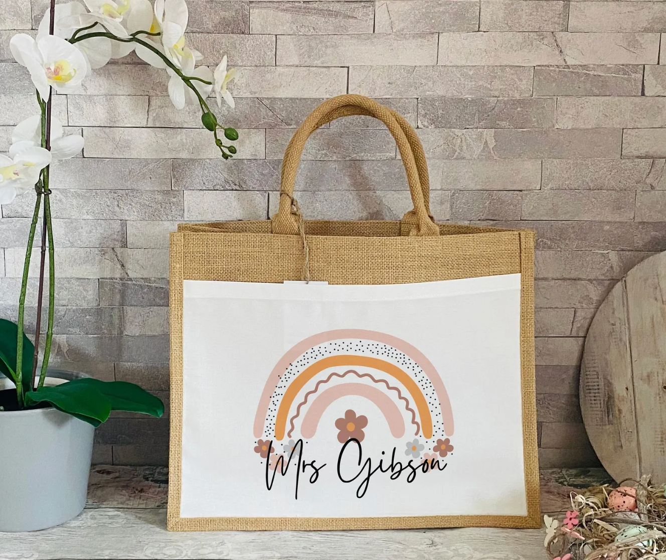 Personalised Teacher Gift Set – Jute Tote Bag, Mug, Classroom Sign and Flower Vase – End of Term Thank You Present, Graduation Gift, New TA