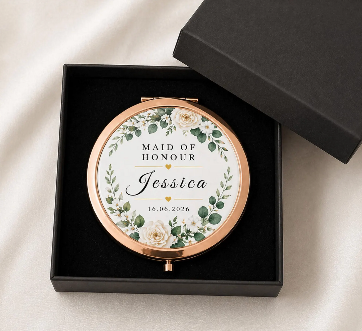 Compact mirror with floral personalised wedding design and text in a black box