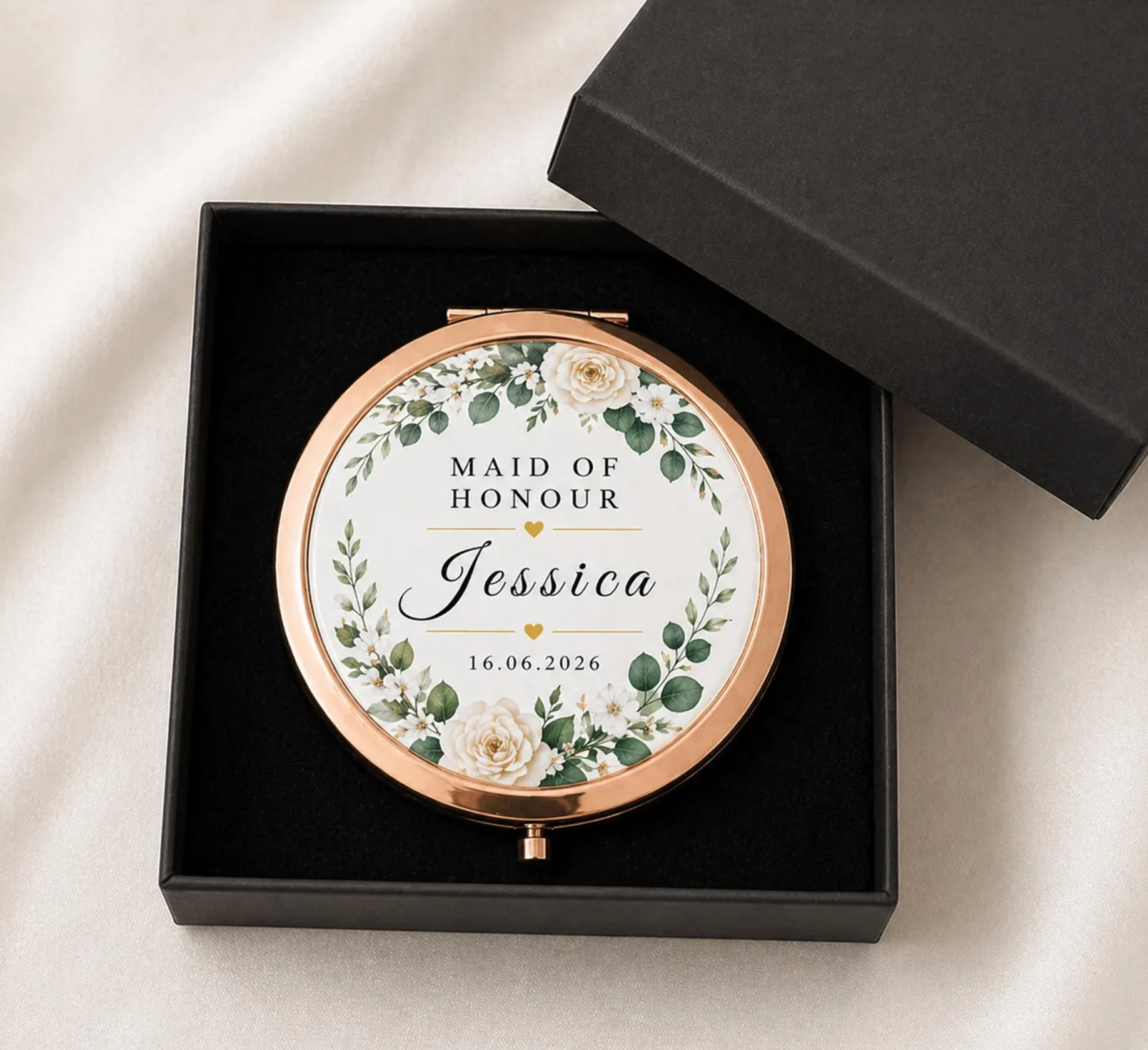 Compact mirror with floral personalised wedding design and text in a black box