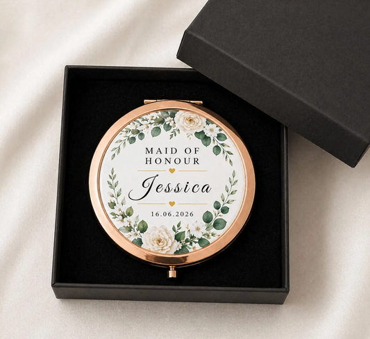 Compact mirror with floral personalised wedding design and text in a black box