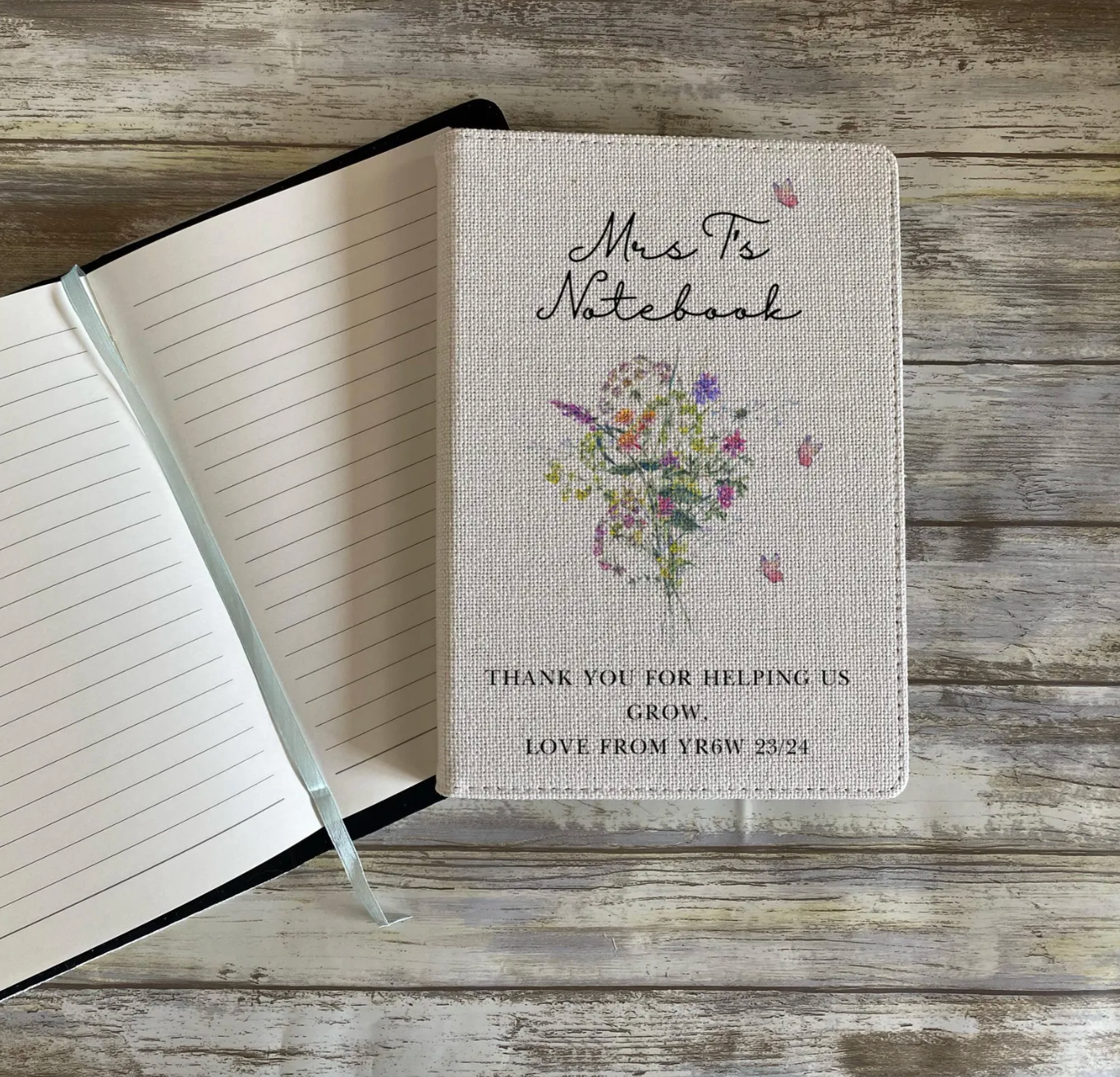 Personalised Teacher Notebook with floral design and text on a wooden surface