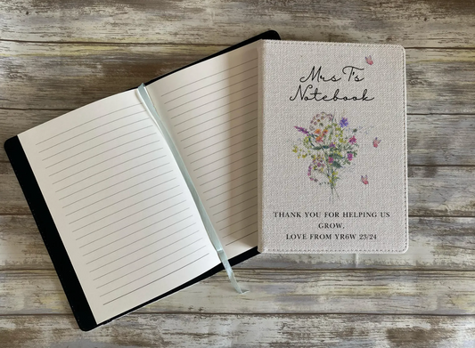 Personalised Teacher Notebook with floral design and text on a wooden surface
