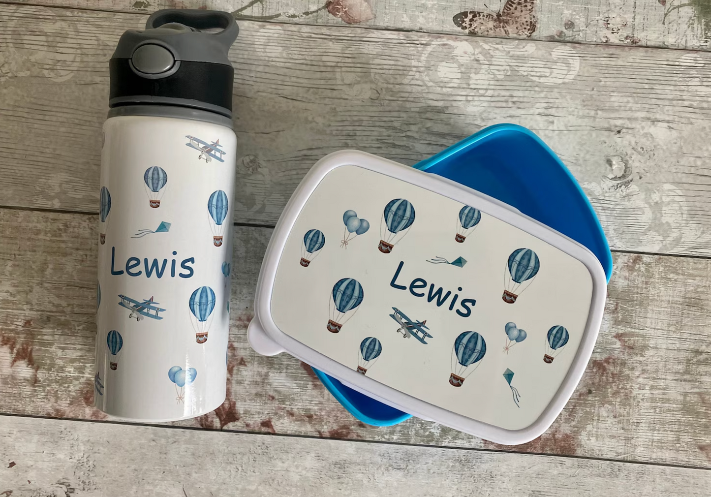 Personalised First Day Of School Gifts - Boy Gifts - Boys Water Bottle - School Water Bottle - Nursery Snack Box - Hot Air Balloon Bottle