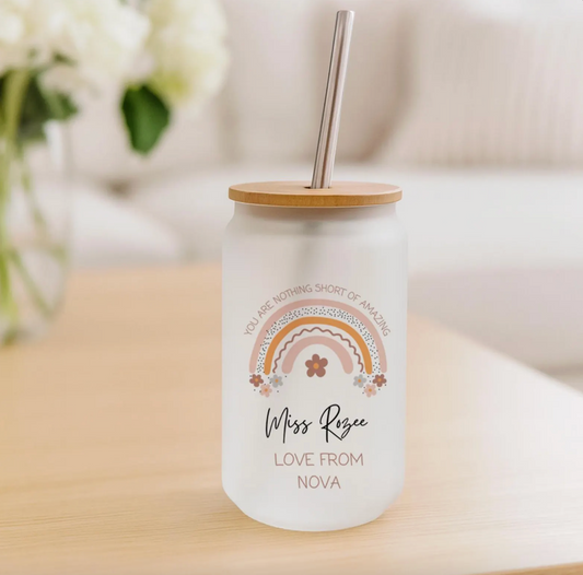 Glass Teacher Tumbler with orange rainbow design and personalised text