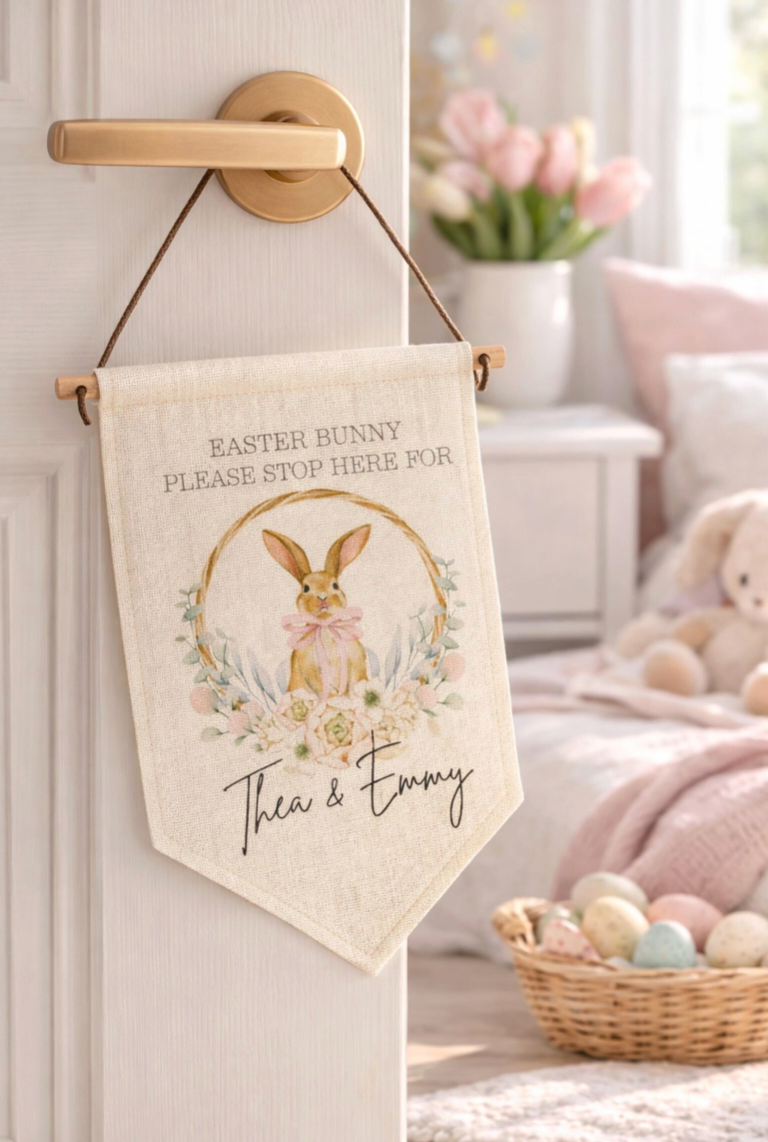 Decorative Easter banner with bunny design hanging on a door, with a basket of eggs and flowers in the background.