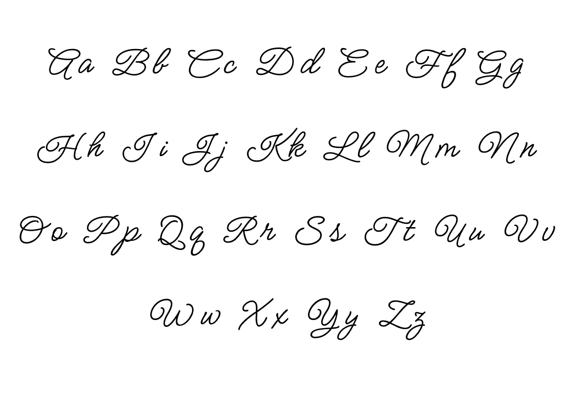 Cursive alphabet letters from A to Z on a white background