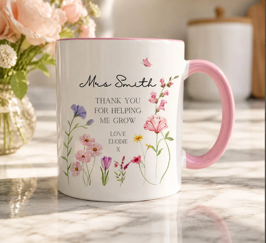 personalised pink handled teacher mug, wih 'Thank You for helping me grow'
