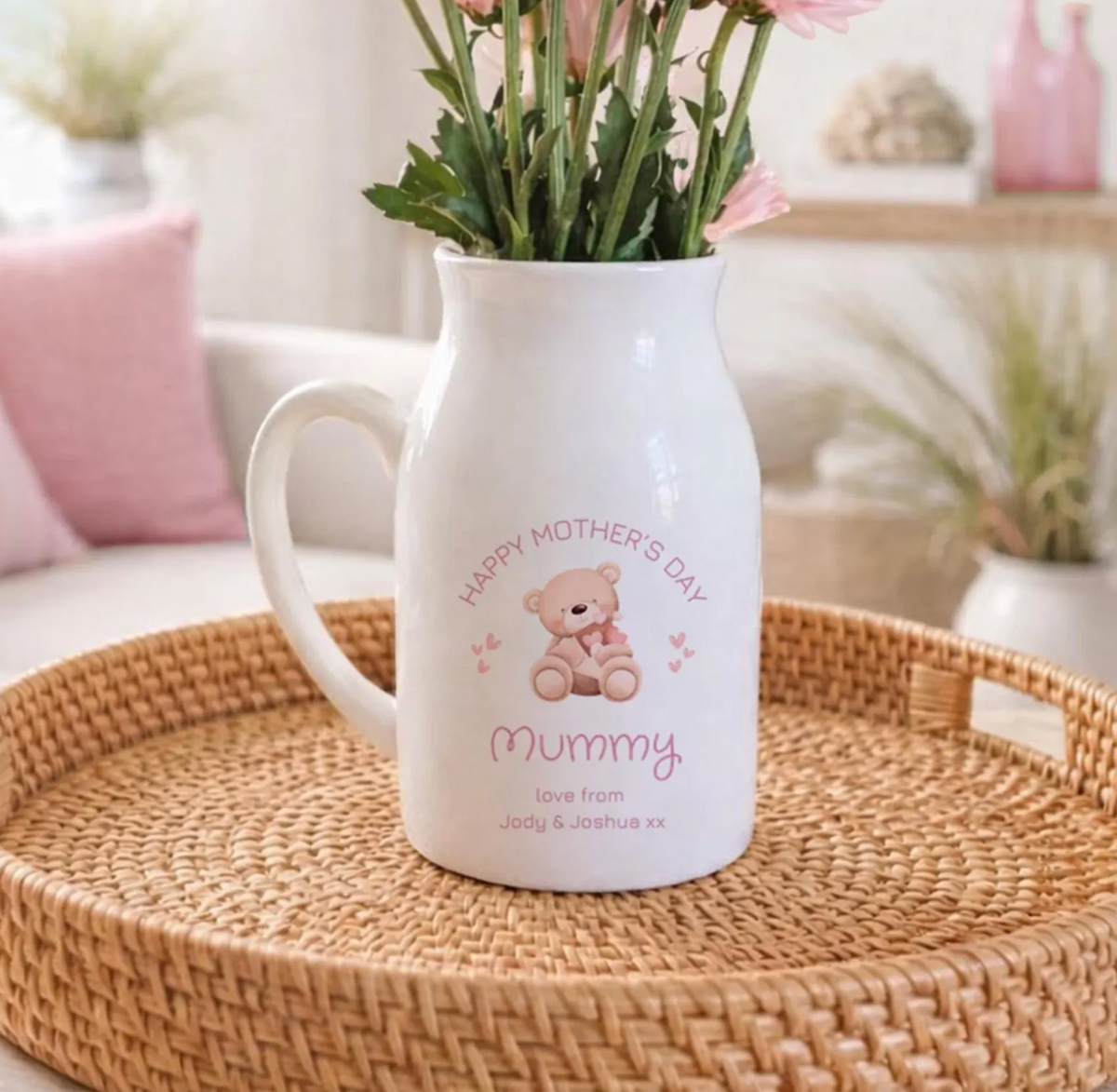 Personalised ceramic jug with 'Happy Mother’s Day Mummy' message, featuring cute teddy bear holding hearts and custom text from children