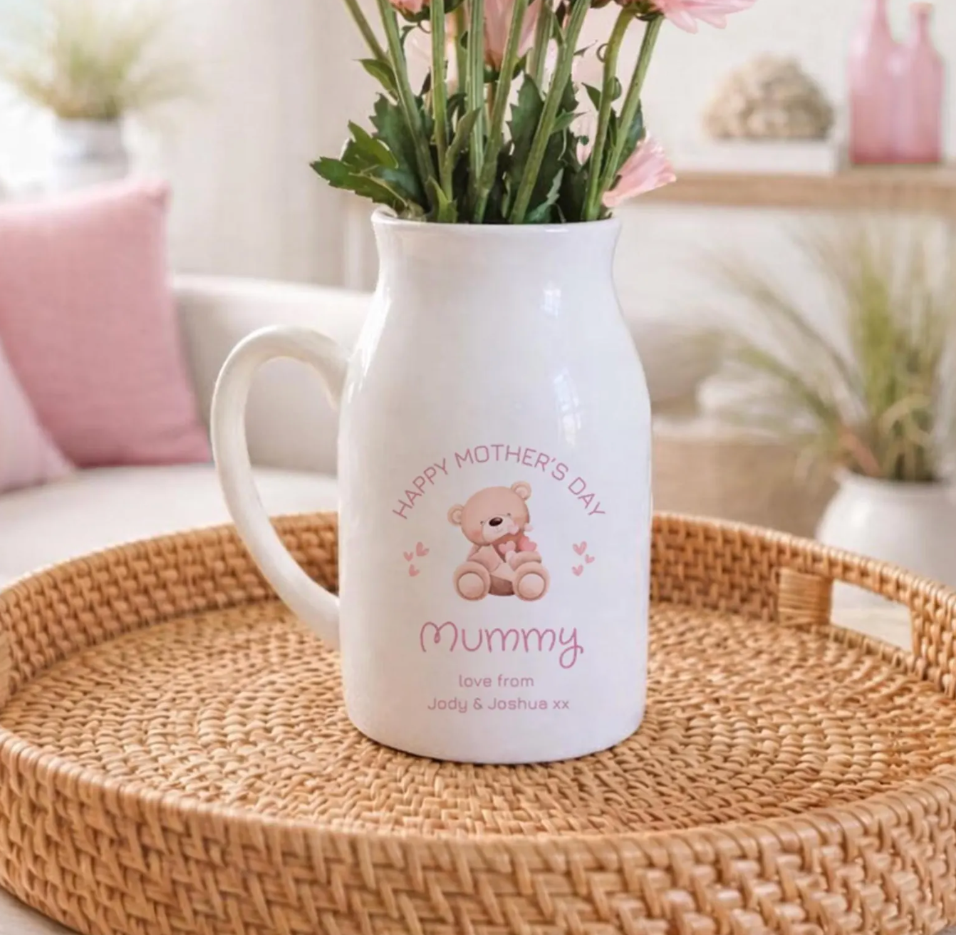 Personalised ceramic jug with 'Happy Mother’s Day Mummy' message, featuring cute teddy bear holding hearts and custom text from children