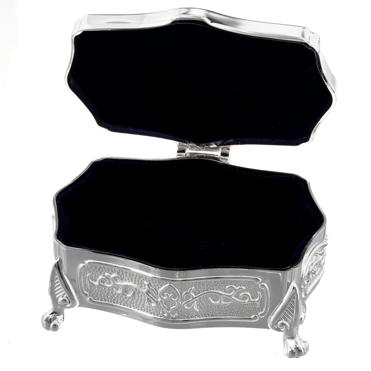 Decorative silver jewelry box with black interior on a white background