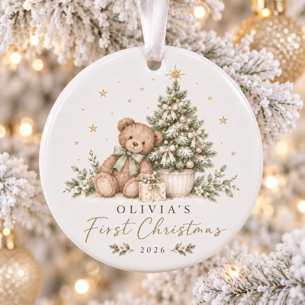 Round white ceramic Christmas ornament hanging from a white ribbon, printed with a teddy bear, decorated Christmas tree, gifts, and the text 'OLIVIA'S First Christmas 2026', shown against a blurred festive tree background with warm lights.