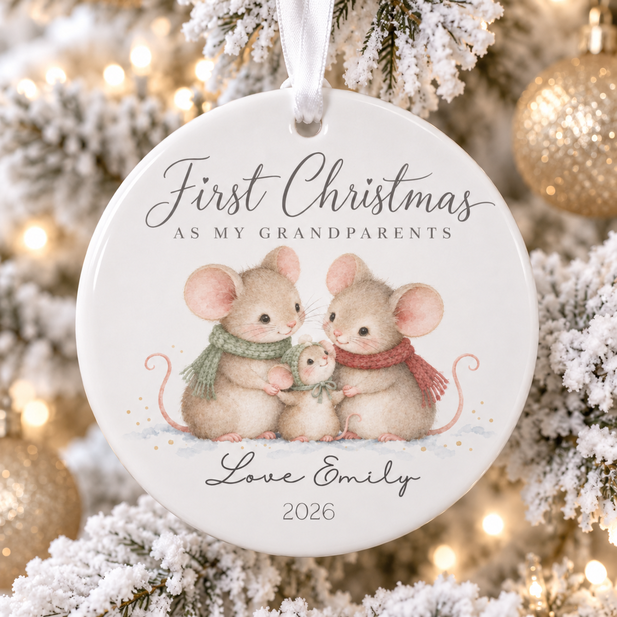 Round white ceramic Christmas ornament featuring an illustration of two mice and a small mouse with scarves, with the text 'First Christmas AS MY GRANDPARENTS' and 'Love Emily 2026', hanging against a blurred Christmas tree background with warm lights.