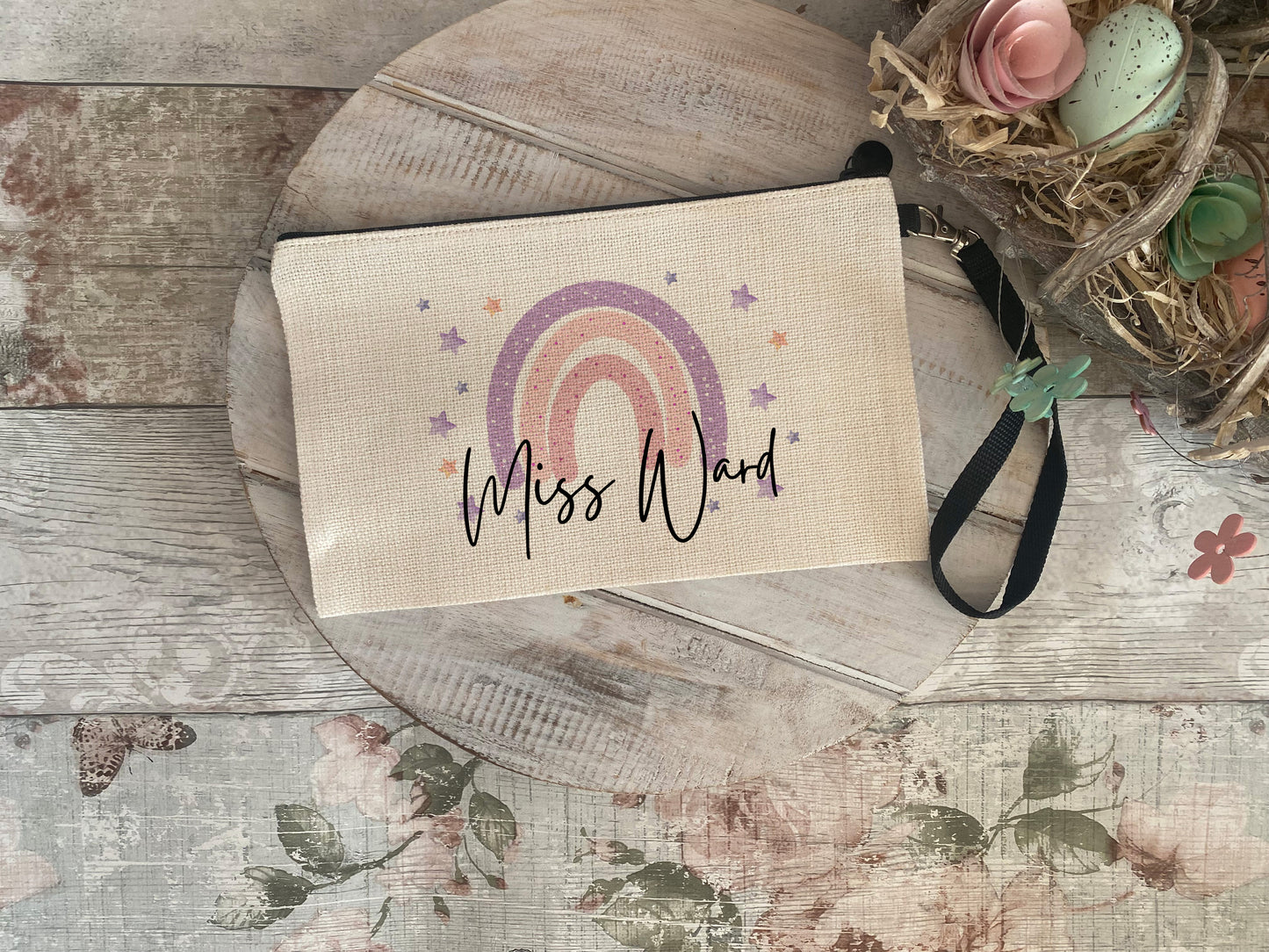 Personalised teacher pouch with rainbow and name design – ideal thank you or end-of-year gift for teachers
