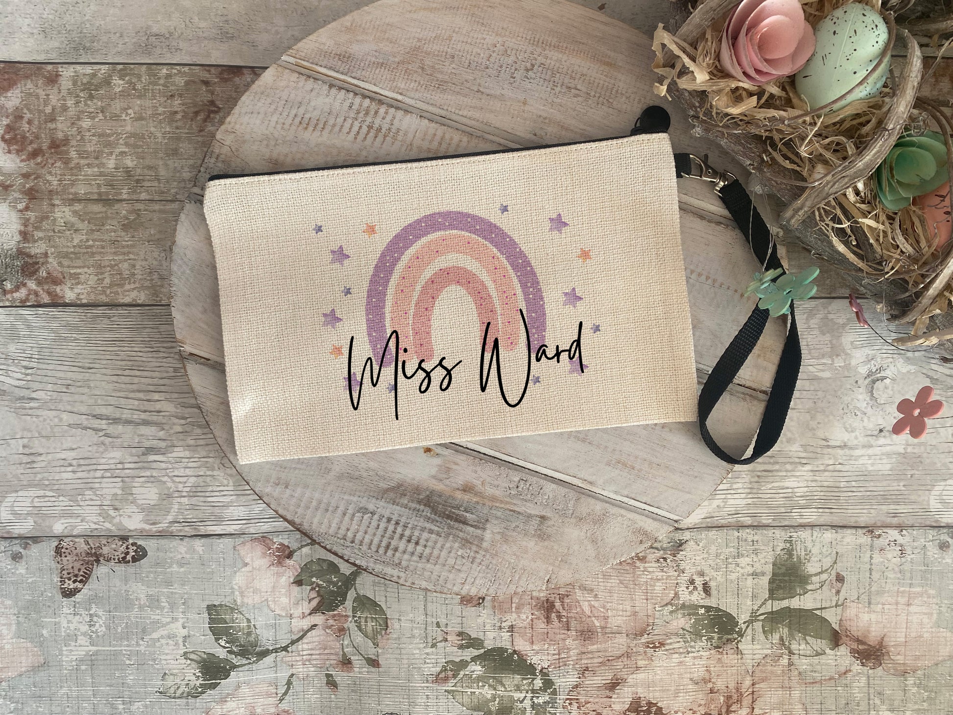 Personalised teacher pouch with rainbow and name design – ideal thank you or end-of-year gift for teachers