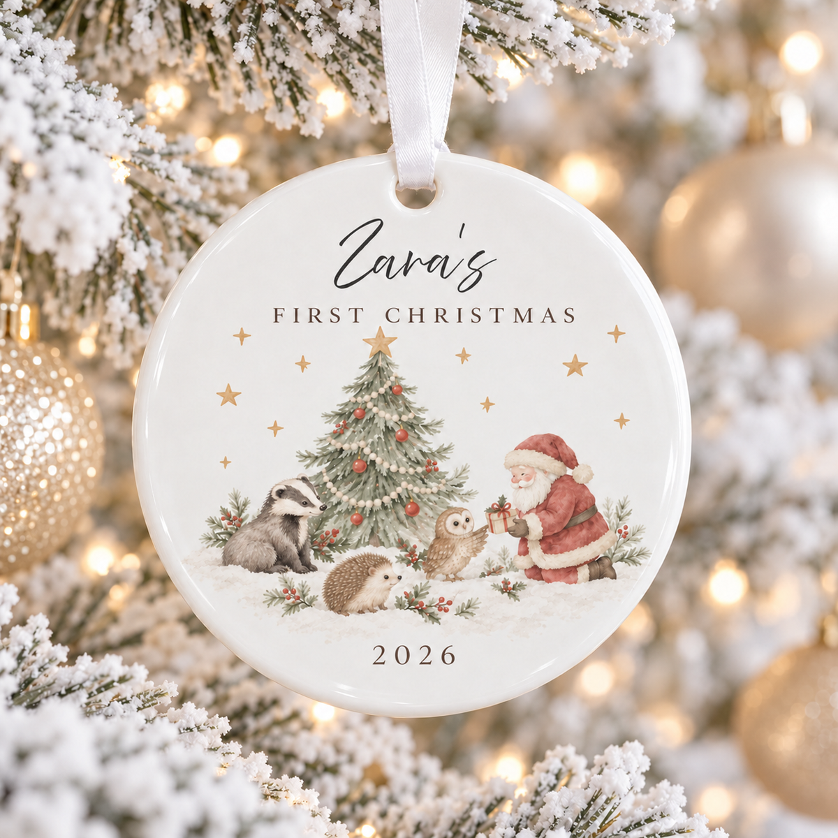 A round white ceramic Christmas ornament hanging from a white ribbon, decorated with an illustration of Santa Claus, a Christmas tree, badgers, and a hedgehog. The text on the ornament reads 'Zara's FIRST CHRISTMAS 2026'.