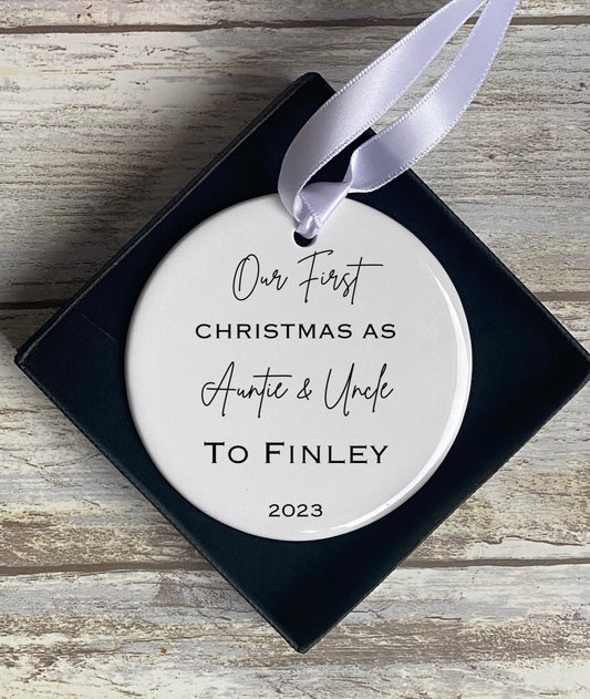 Personalised First Christmas Baby Bauble, New Auntie And Uncle Gifts, Auntie Christmas Gift, New Auntie Gifts, 1st Xmas Decoration