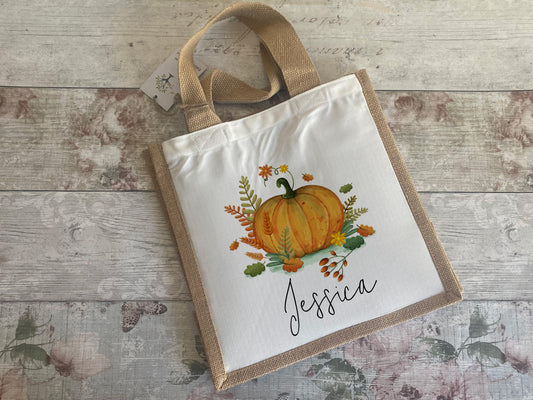 Personalised Autumn Tote Bag, Small Jute Bag, Personalised Lunch Bag, Autumn Decor, Pumpkin Gifts, Pumpkin Bag