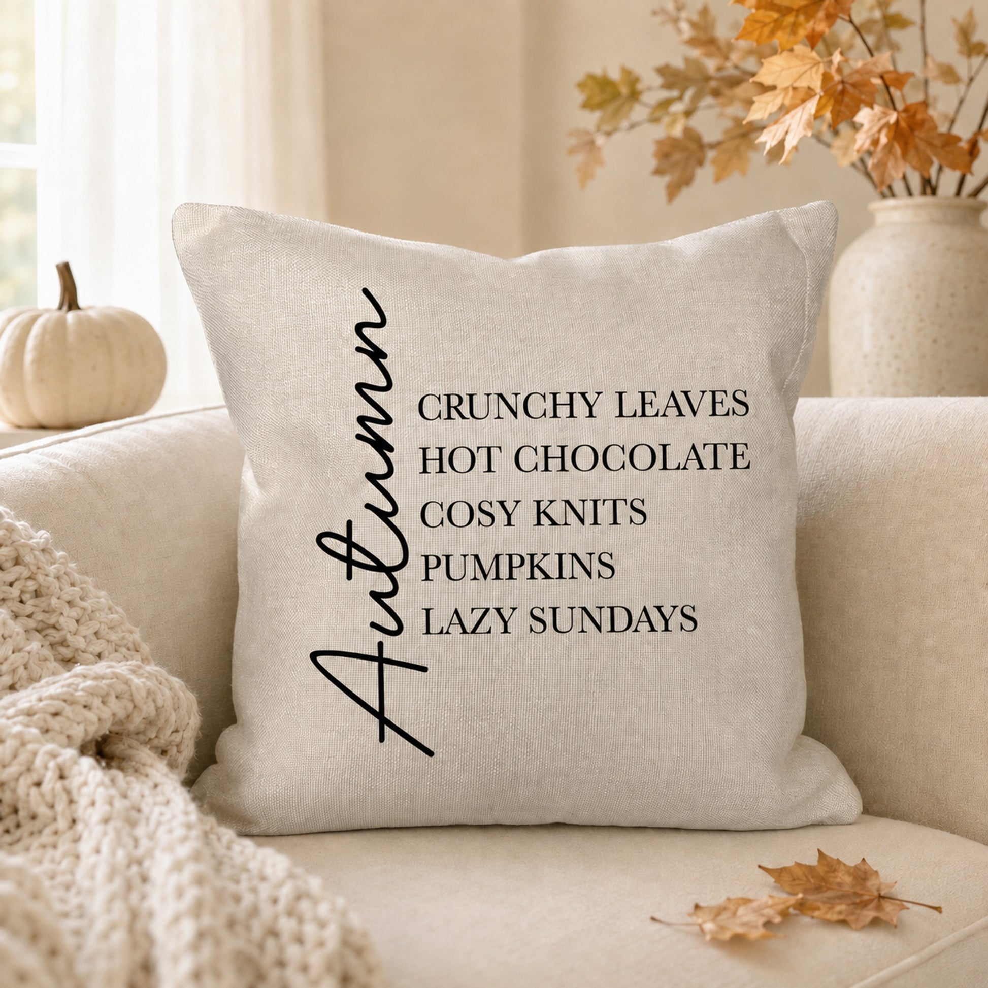 A square beige throw pillow with black text reading 'Autumn CRUNCHY LEAVES HOT CHOCOLATE COSY KNITS PUMPKINS LAZY SUNDAYS' sits on a cream sofa in a cozy autumn-themed room with a knit blanket, a small pumpkin, and fall leaves.