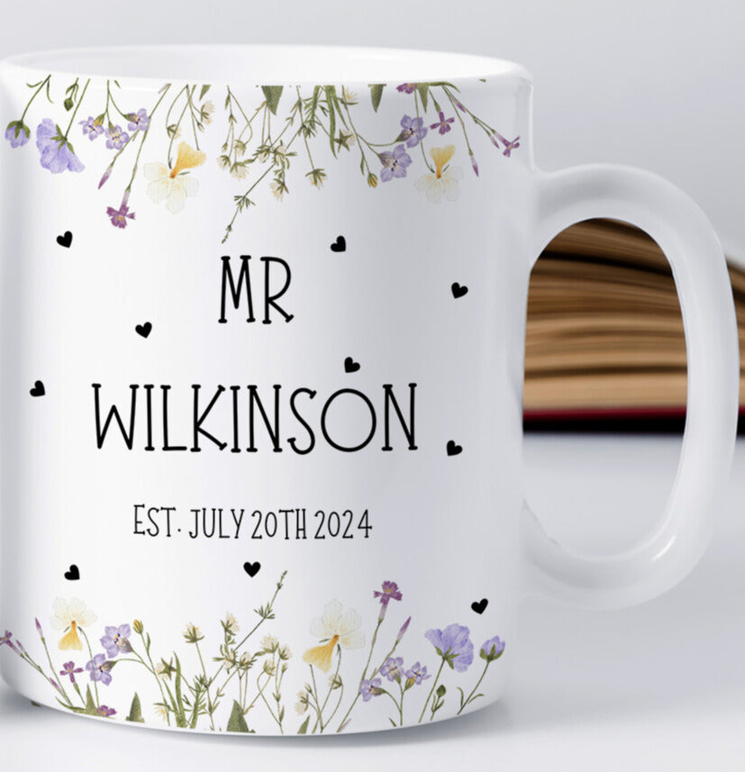 Personalised Wedding Gift, Mr and Mrs Mug Mugs, Couple Gifts, Anniversary Gift, Wedding Gift For Friends, Wild Flower Wedding