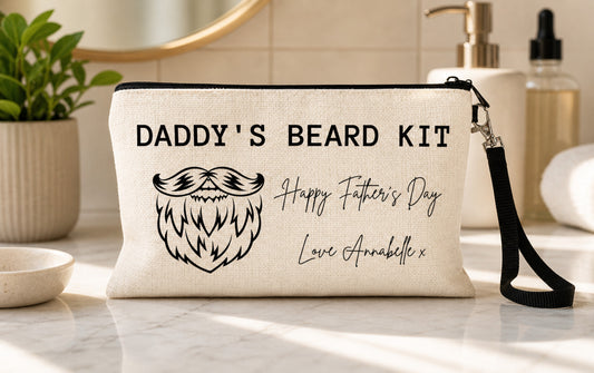 Daddy's Beard Kit pouch with personalized message on a bathroom counter