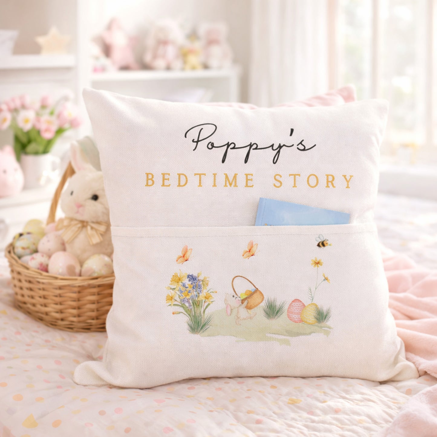Decorative pillow with 'Poppy's BEDTIME STORY' text and illustrations on a bed with a teddy bear and basket in the background.