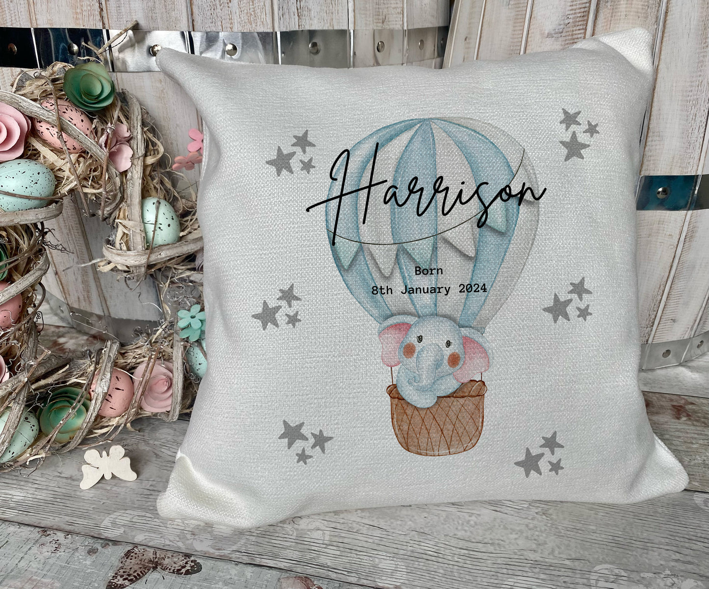 Personalised New Baby Gifts - Nursery Cushion - Hot Air Balloon Baby Elephant Theme