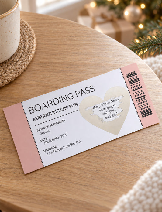 A printed boarding pass styled like an airline ticket, shown on a wooden tabletop with a mug, wrapped gifts, and holiday lights in the background. The ticket is white with pink side panels, black text, a barcode, and a heart-shaped ticket stub area.