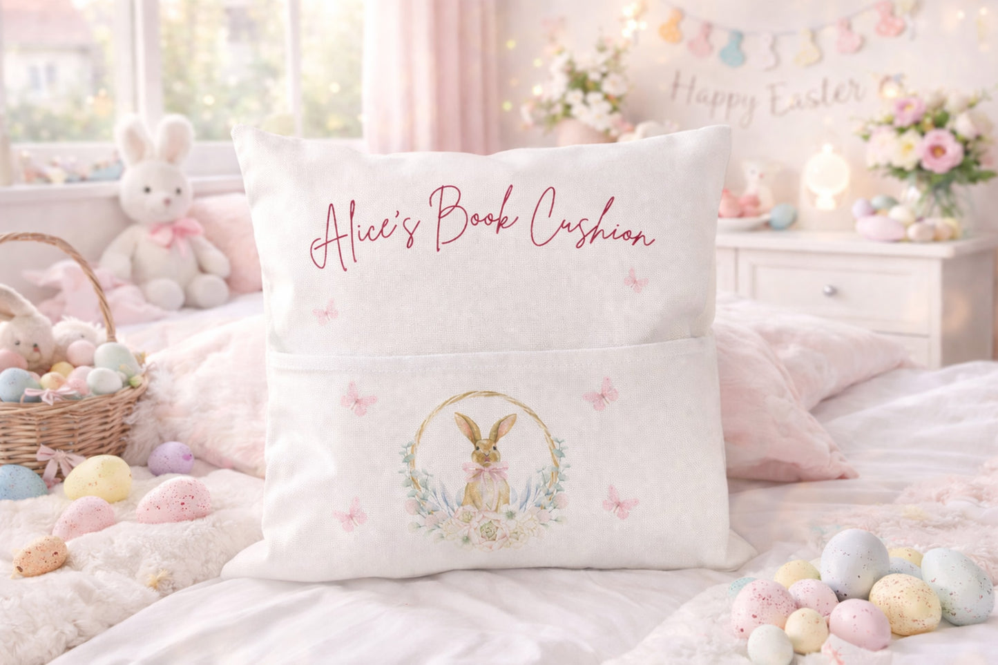 Decorative pillow with bunny design and 'Alice's Book Cushion' text in a Easter-themed room.
