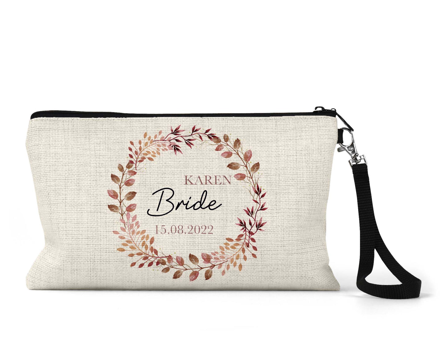Personalised Beige pouch with floral design and text 'Karen Bride 15.08.2022' on a white background