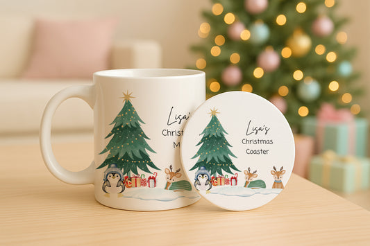 Mug and coaster set with Christmas tree design on a table with a blurred festive background
