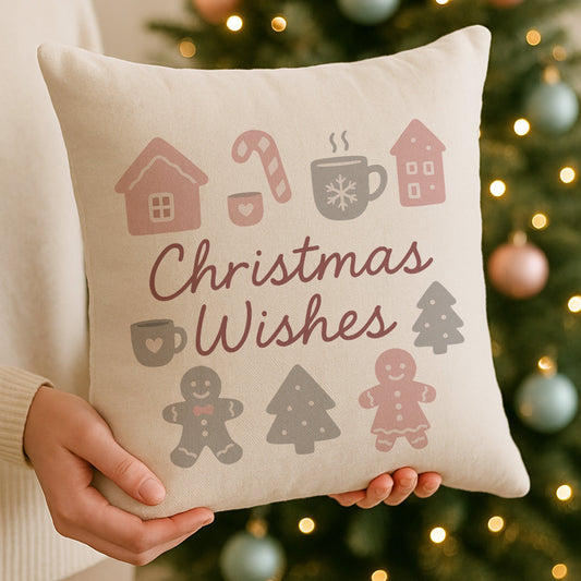 Person holding a pillow with Christmas-themed designs in front of a decorated Christmas tree.