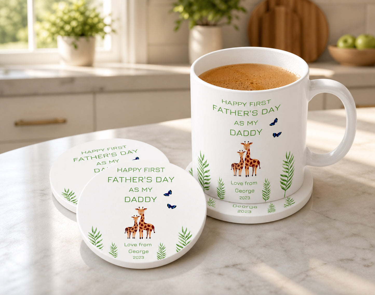 White mug and coasters with Happy First  Father's Day text and graphics on a kitchen counter.