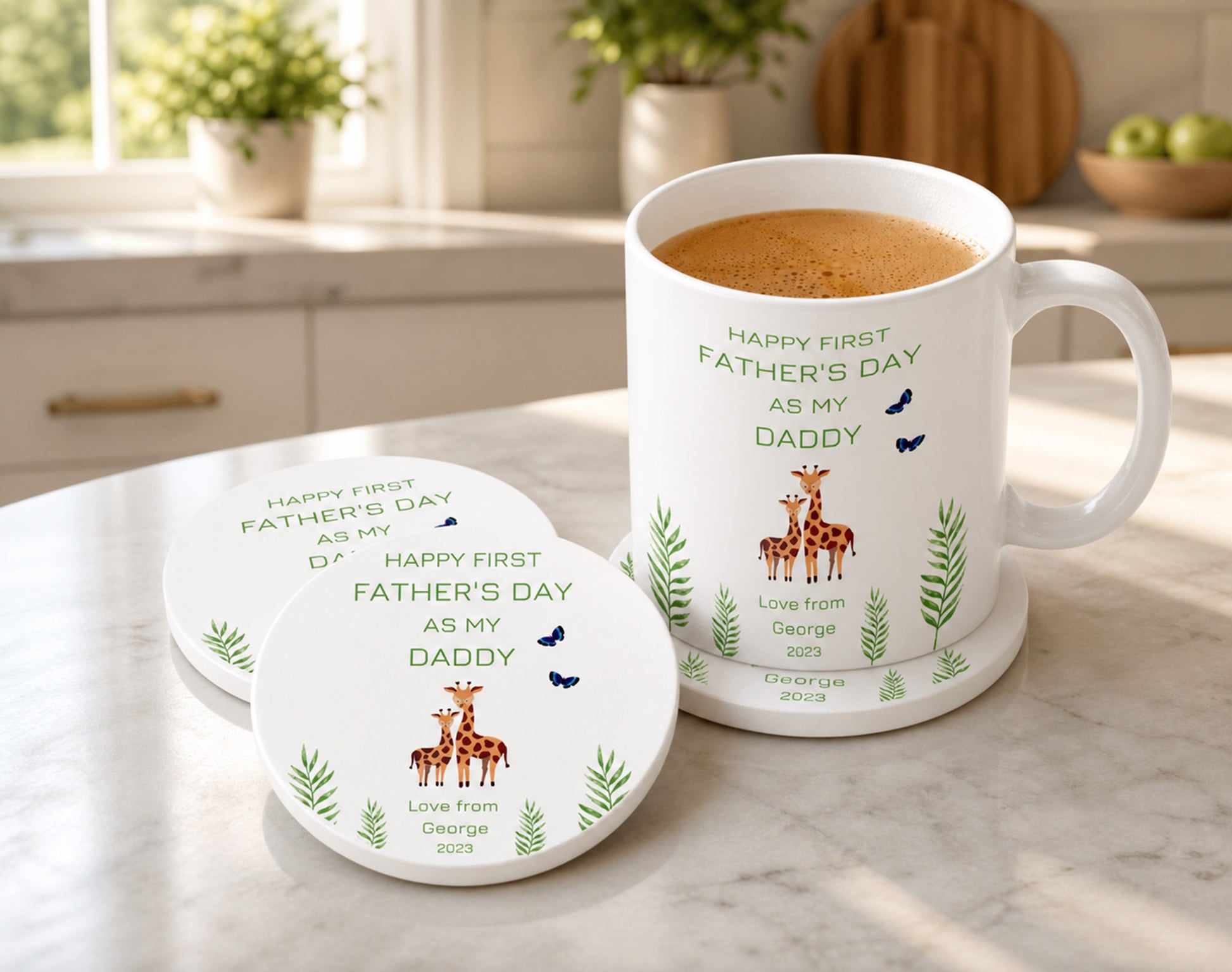 White mug and coasters with Happy First  Father's Day text and graphics on a kitchen counter.
