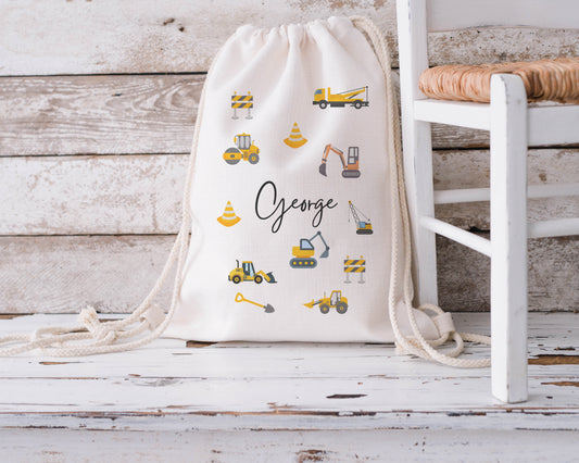 Personalised Drawstring Bag For Kids Boys - Construction Vehicle Theme - Pe Kit - School Bag