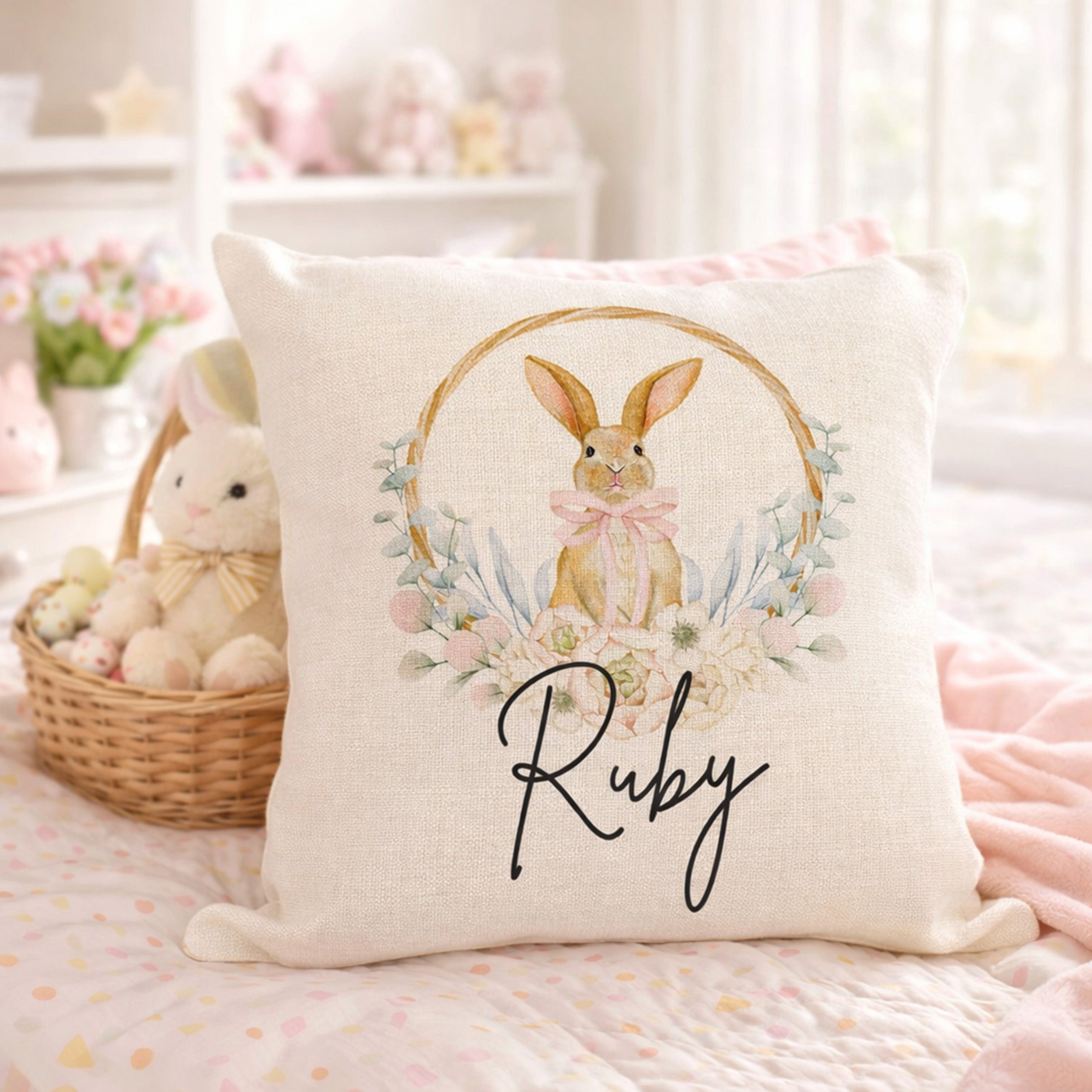 Decorative pillow with a rabbit illustration and 'Ruby' text, placed on a bed with a blurred background.