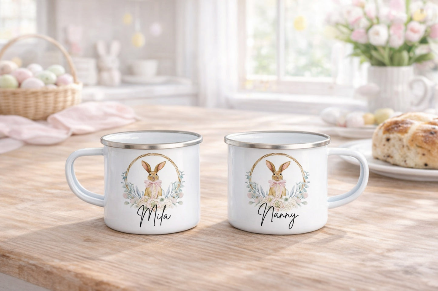 Two mugs with rabbit illustrations and 'Mum' and 'Nanny' text on a wooden table.
