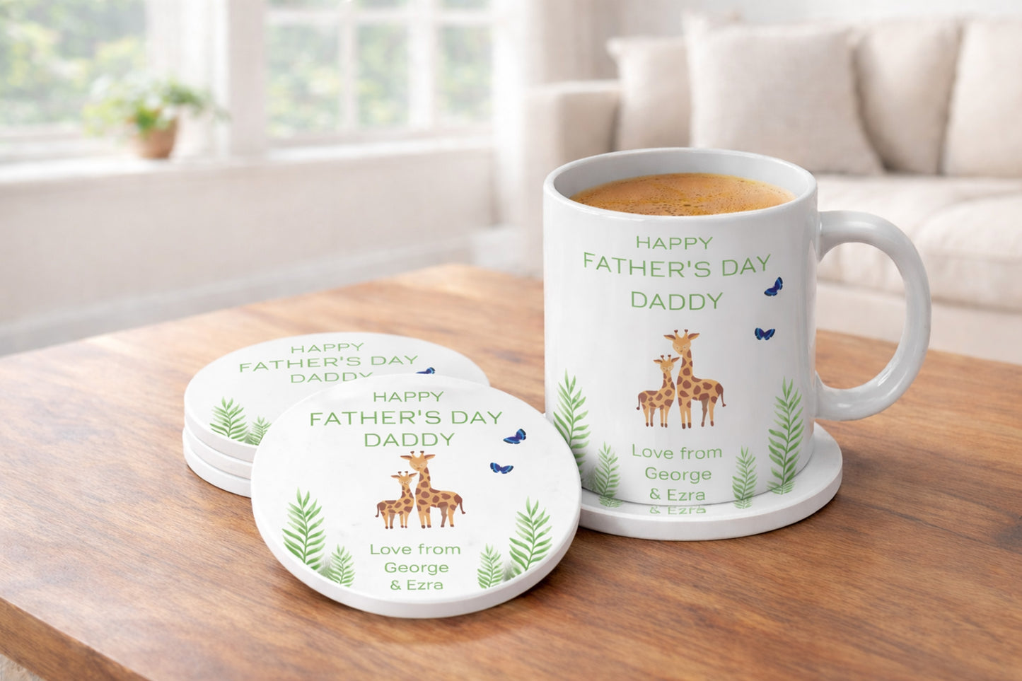Father's Day mug and coaster set on a wooden table with a blurred background