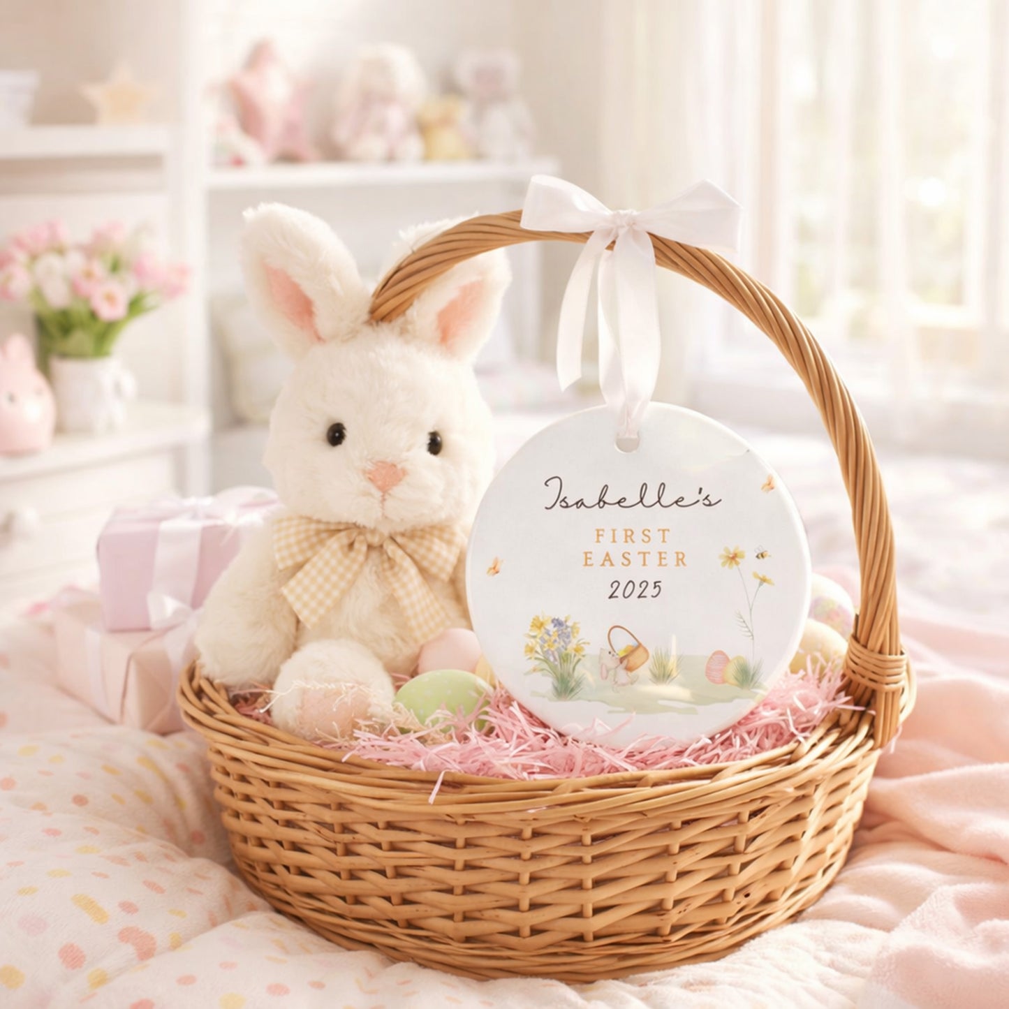Baby's first Easter basket with a plush bunny and personalized plaque.