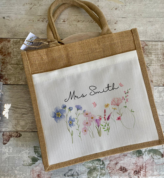 Small Personalised Teacher Jute Bag with flower motif