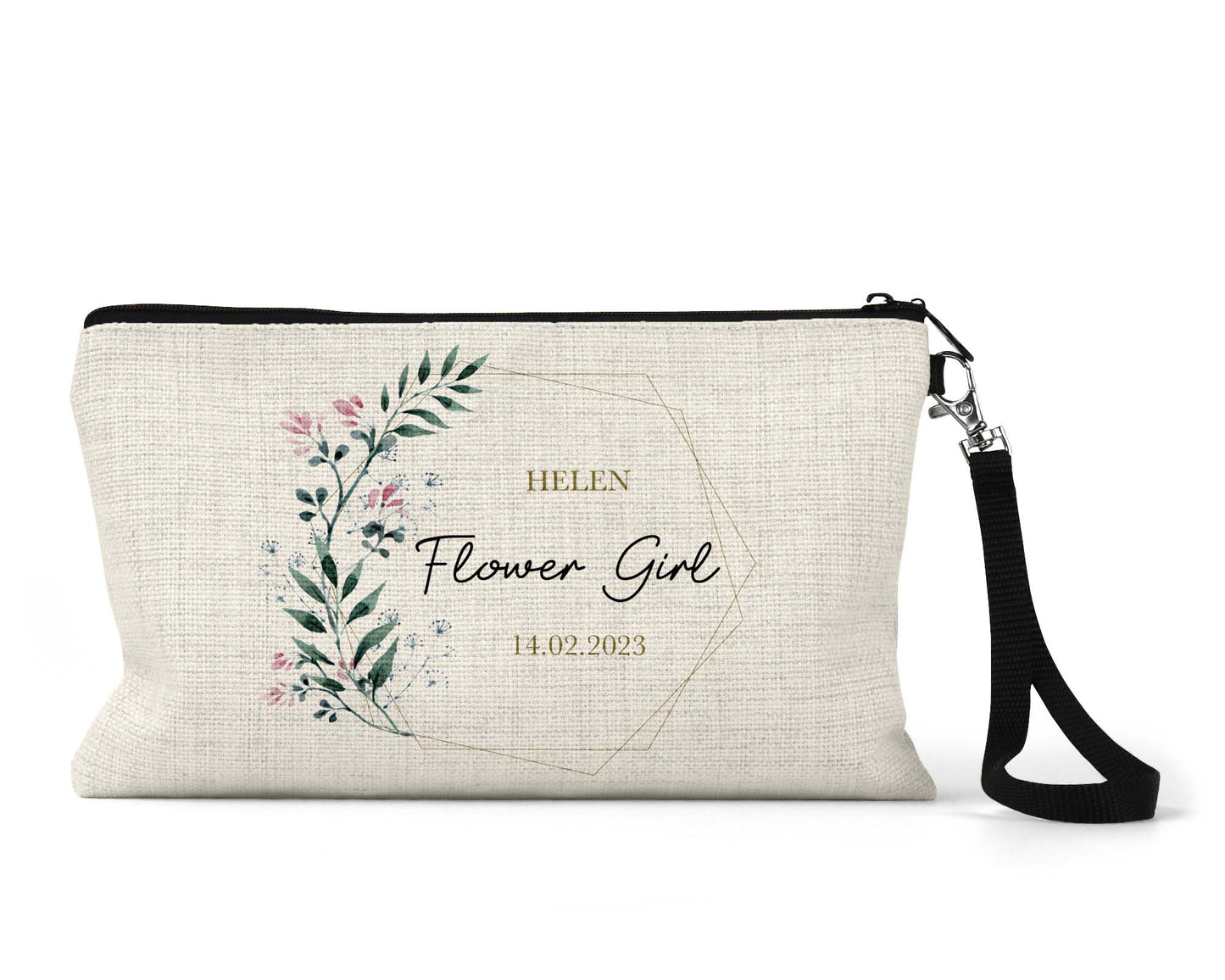 Flower girl pouch with floral design and text on a white background