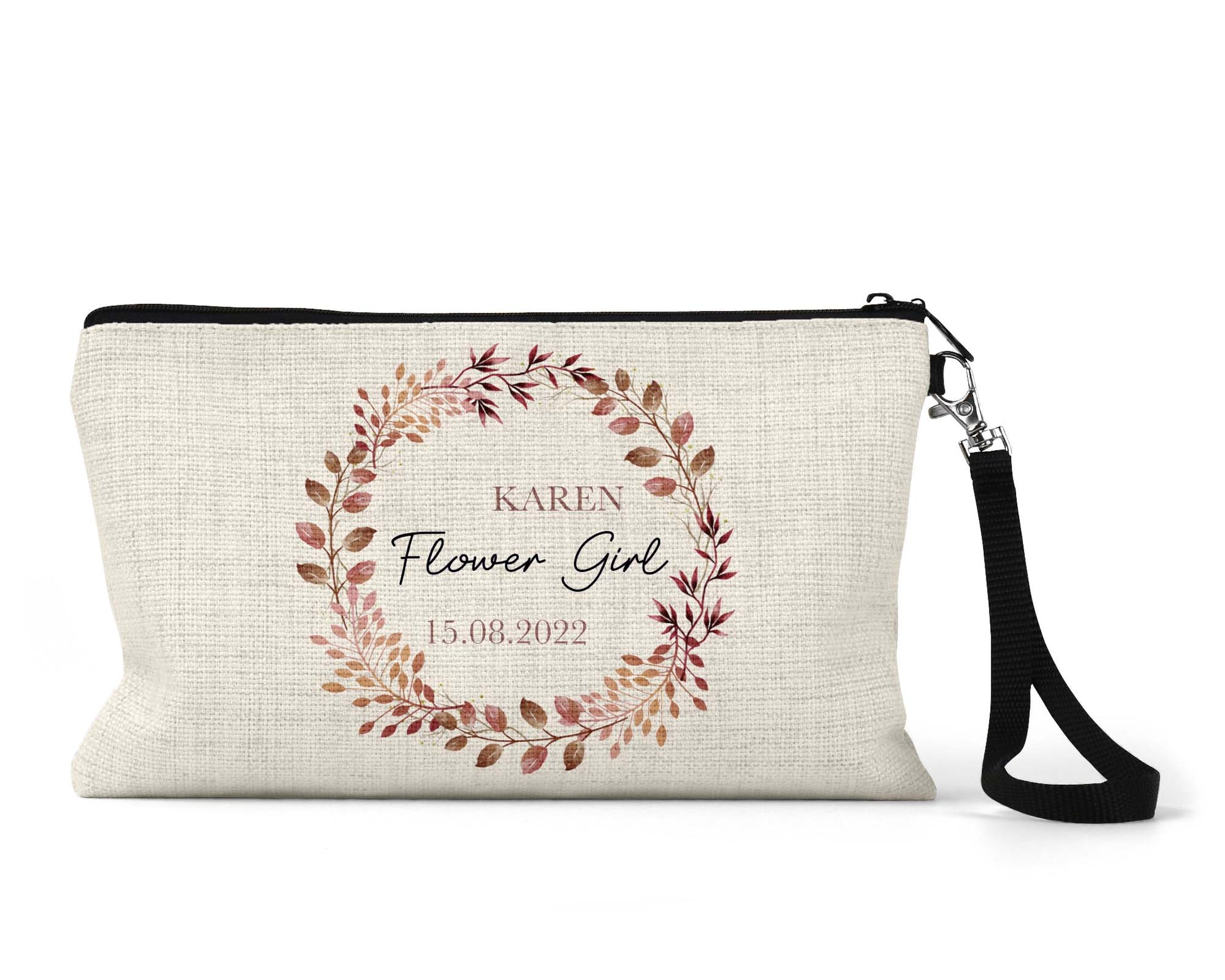 Beige pouch with floral design and text on a white background