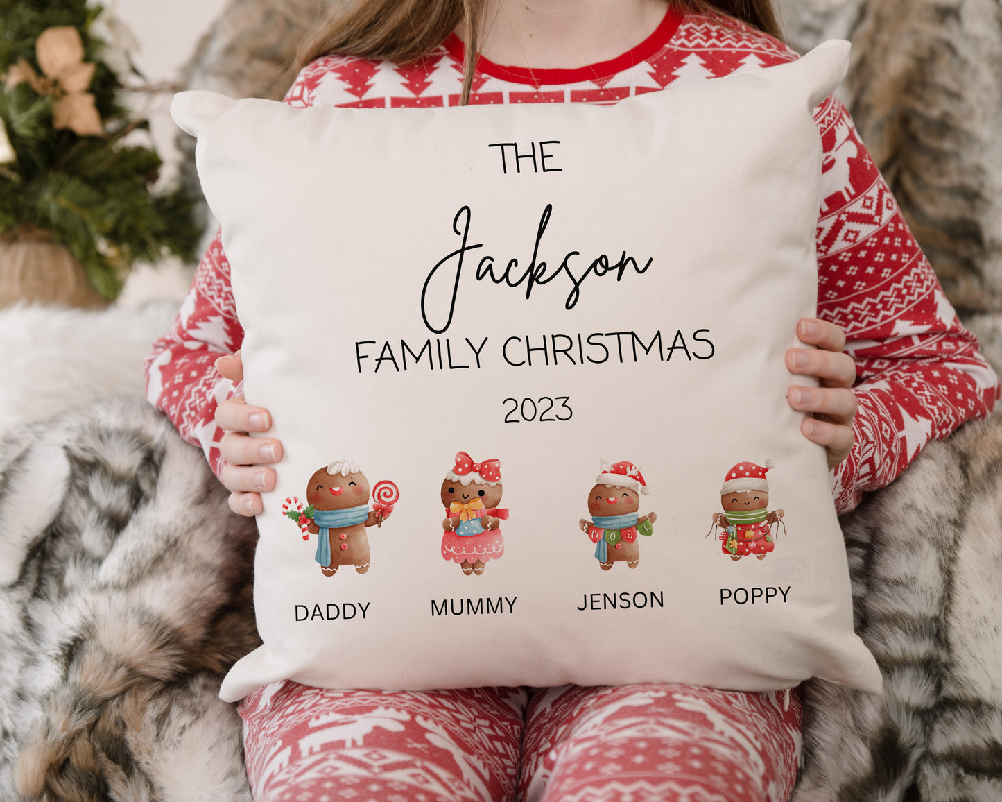 Personalised Family Christmas Cushion, Gingerbread Christmas Decoration, Christmas Cushion,