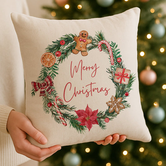 Decorative pillow with Christmas wreath and gingerbread men design held in front of a decorated Christmas tree.