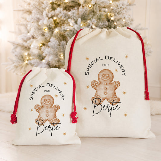 Personalised Gingerbread Man Christmas Sack, Christmas Eve Bag, Santa Sack