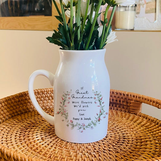 If Great Grandmas Were Flowers White pitcher with flowers on a woven tray in a home setting